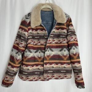 Idyllwind tribal denim jacket reversible med faux fur collar button up Western